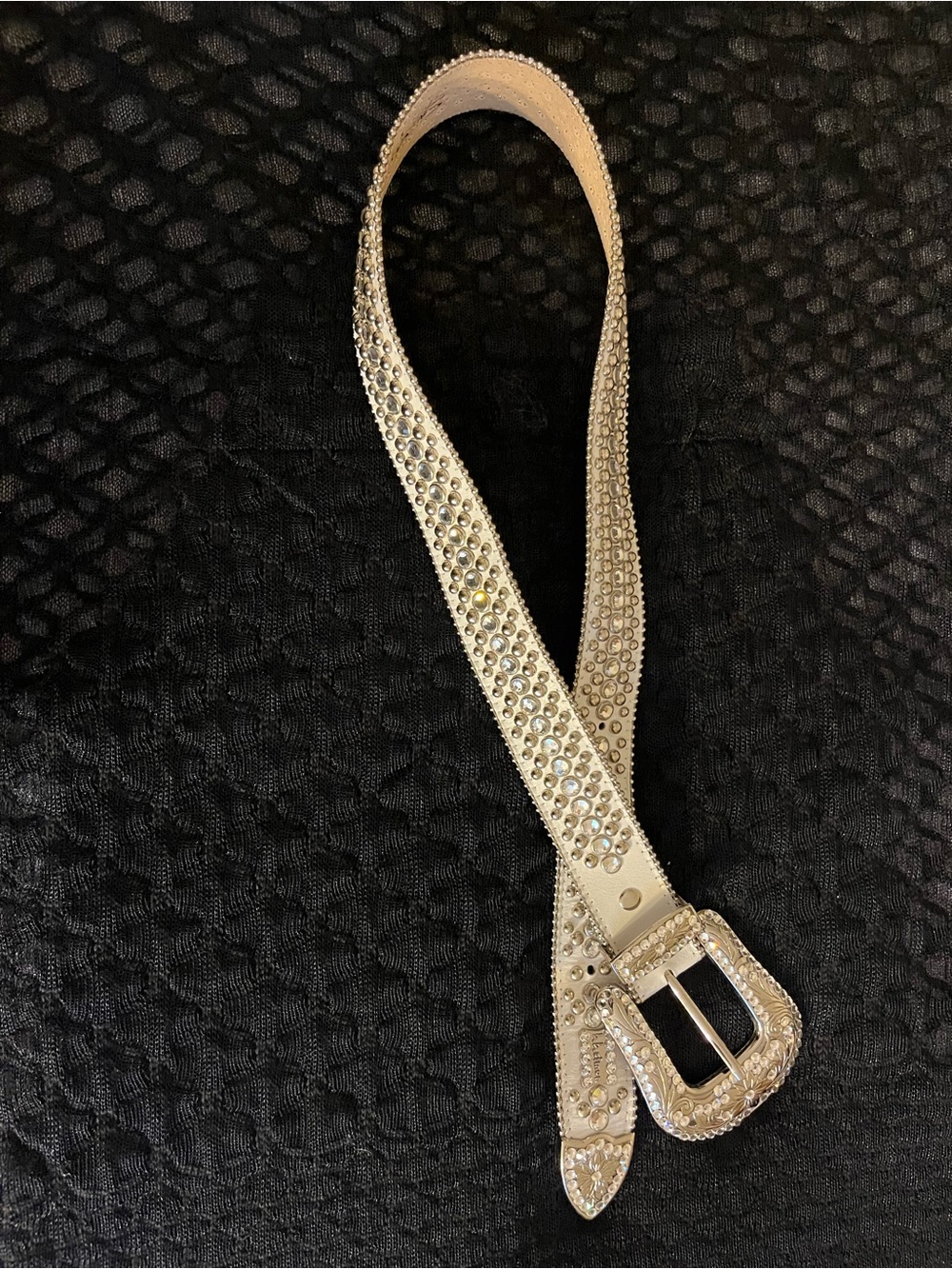 B.B. Simon Crystal-Studded Leather Belt with Rhinestone Buckle